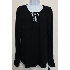 Michael Lauren Lace Up Long Sleeve Top XS Black V-Neck Button Cuff Revolve New